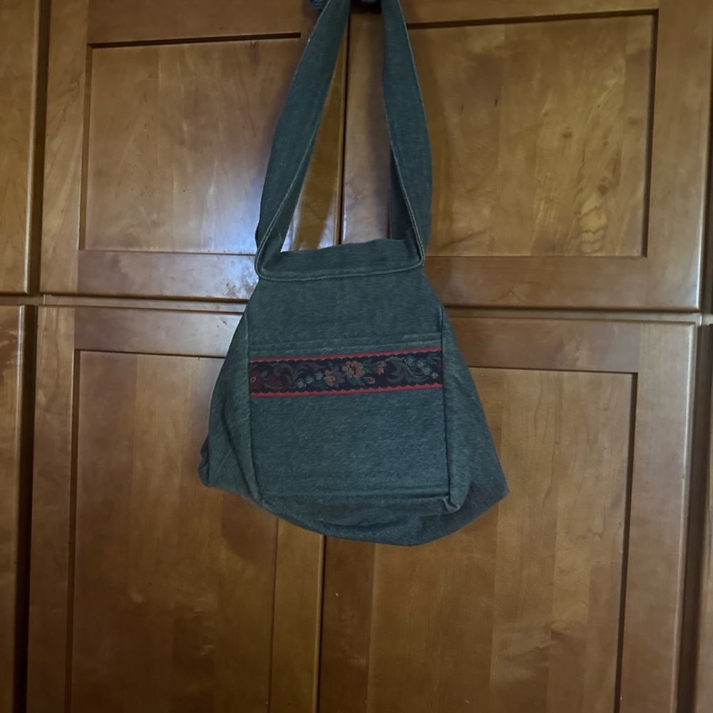 Vintage Charcoal Shoulder Bag Denim with Embroidered Flower Design and Pockets